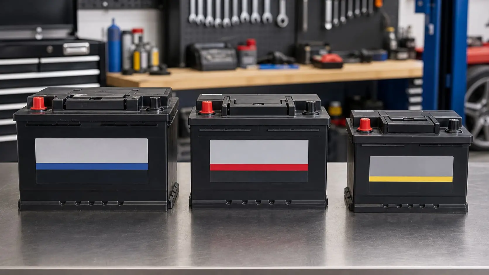 Three generic 12-volt car batteries arranged on a garage workbench