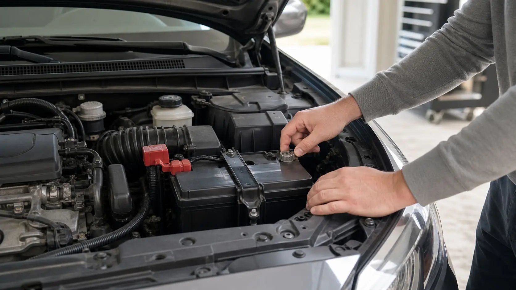 Honda Accord engine bay with the 12-volt battery being inspected